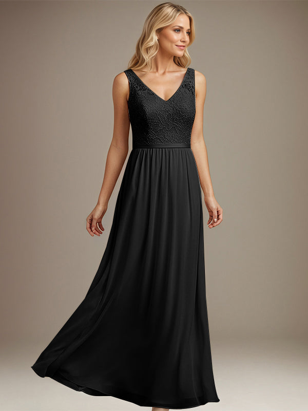 Dusty Blue A-line V Neck Floor-Length Lace Chiffon Mother of the Bride Dress