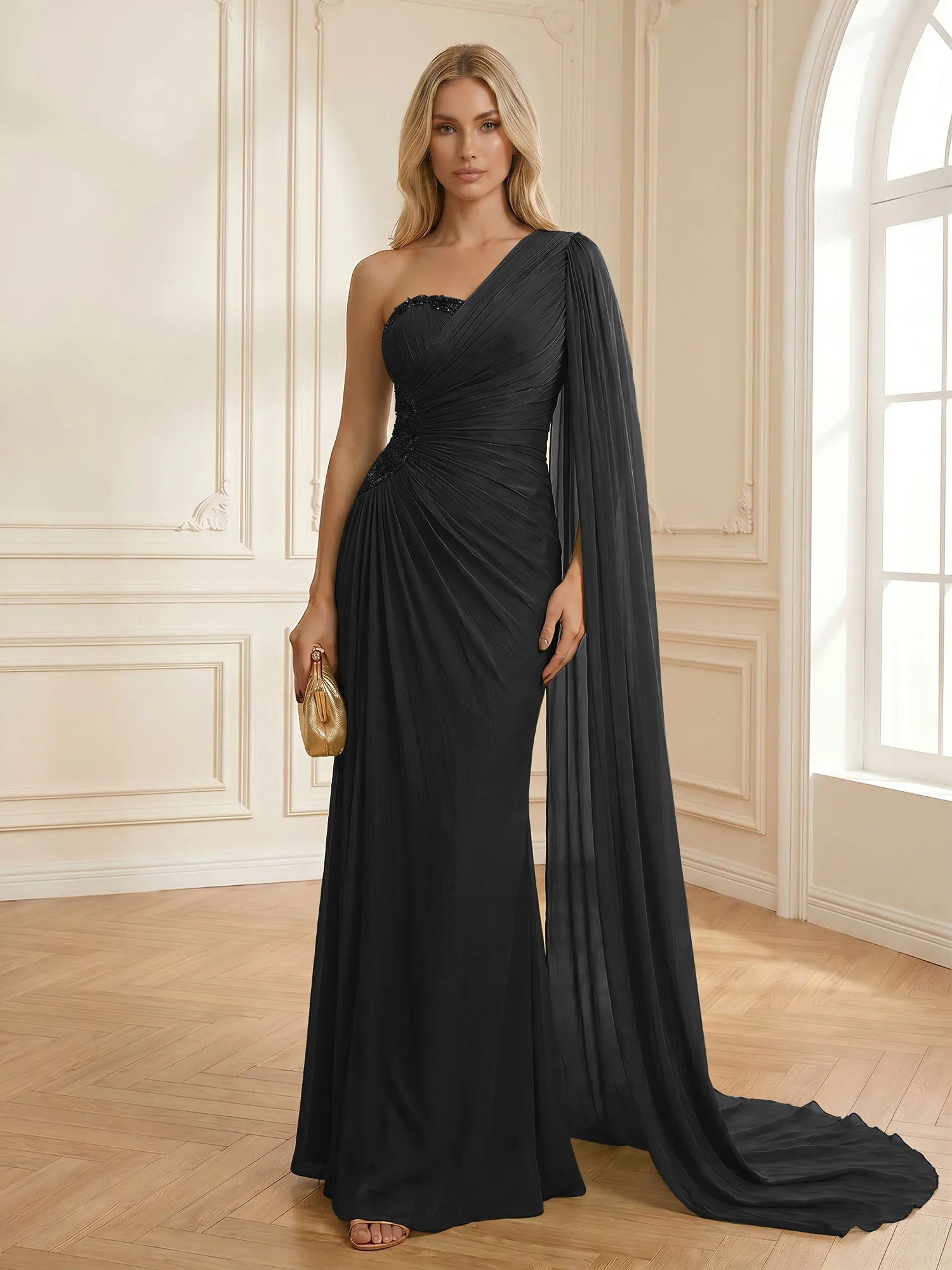 Sage Green One Shoulder Beaded Evening Gown with Cape Sleeve
