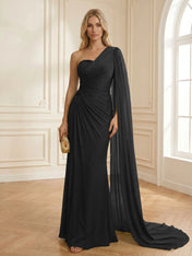 Sage Green One Shoulder Beaded Evening Gown with Cape Sleeve