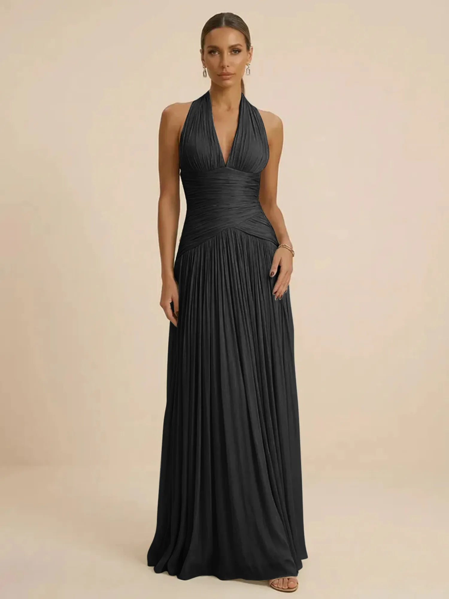 Sage Green Halter Neck Pleated Chiffon Evening Gown with Ruched