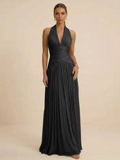 Sage Green Halter Neck Pleated Chiffon Evening Gown with Ruched