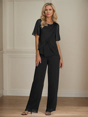 2 Piece Jumpsuit / Pantsuit Crew Neck Floor Length Chiffon Mother of the Bride Dress