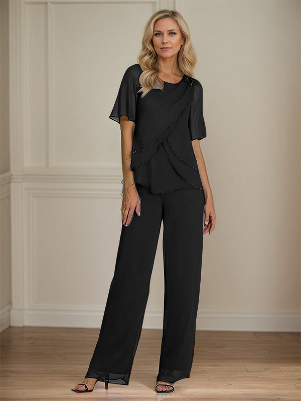  Pantsuit Crew Neck Floor Length Chiffon Mother of the Bride Dress