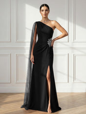 Formal Evening Dress Burgundy One Shoulder Slit Maxi Dress Gown