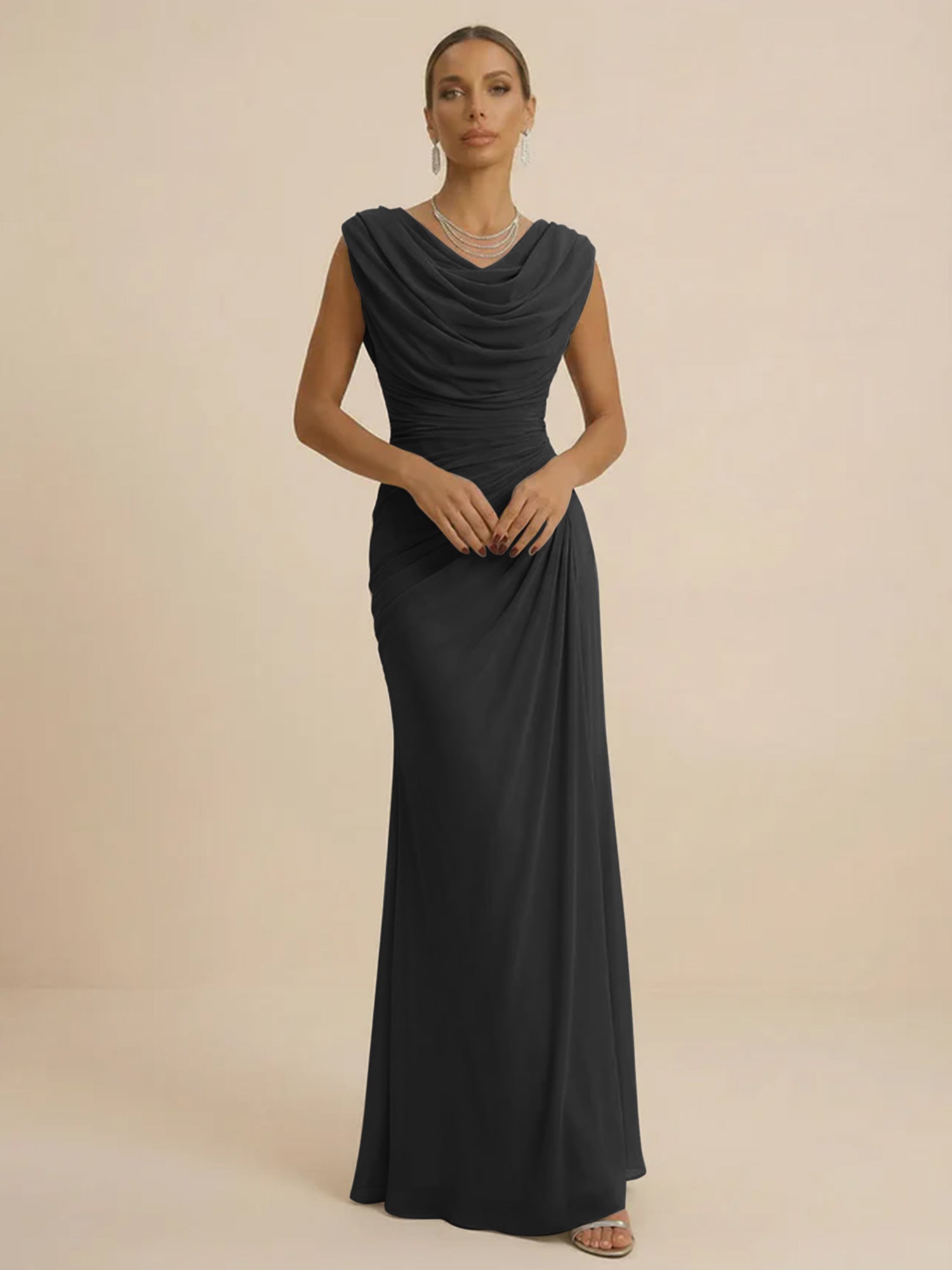 Dusty Grey Draped Cowl Neck Ruched Chiffon Evening Dresses