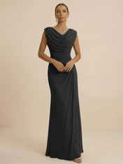 Dusty Grey Draped Cowl Neck Ruched Chiffon Evening Dresses