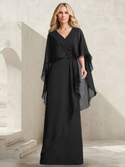 A-line V-Neck Floor-Length Chiffon Mother of the Bride Dress With Cascading Ruffles Beading