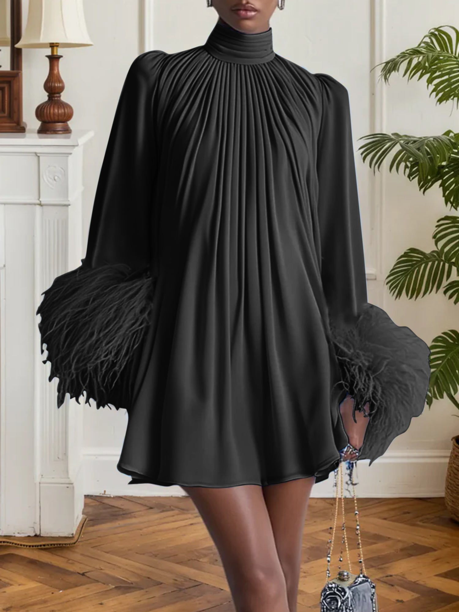 Blue Feather Ruched Chiffon Mock Neck Long Sleeve A-Line Mini Dress