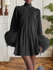 Blue Feather Ruched Chiffon Mock Neck Long Sleeve A-Line Mini Dress