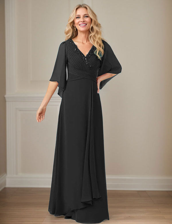 Robe mère de la mariée longue en mousseline à paillettes et col en V