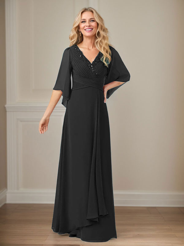 A-Line V-Neck Long Sequins Chiffon Mother Dress