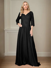 A Line Chiffon V Neck 3/4 Sleeves Floor-Length Mother Of The Bride Dress With Appliques