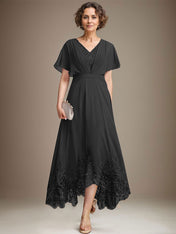 A-line V-Neck Asymmetrical Lace Chiffon Mother of the Bride Dress With Pleated