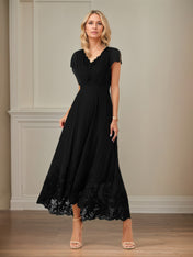 A Line V Neck Flutter Sleeve Ankle Length Chiffon Dress With Appliques