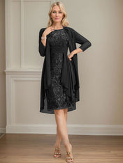 Sheath/Column Scoop Illusion Knee-Length Lace Chiffon Mother of the Bride Dress With Cascading Ruffles Sequins