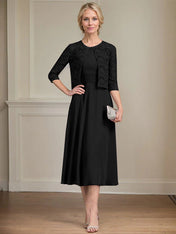 A-line Scoop Tea-Length Chiffon Mother of the Bride Dress With Pleated
