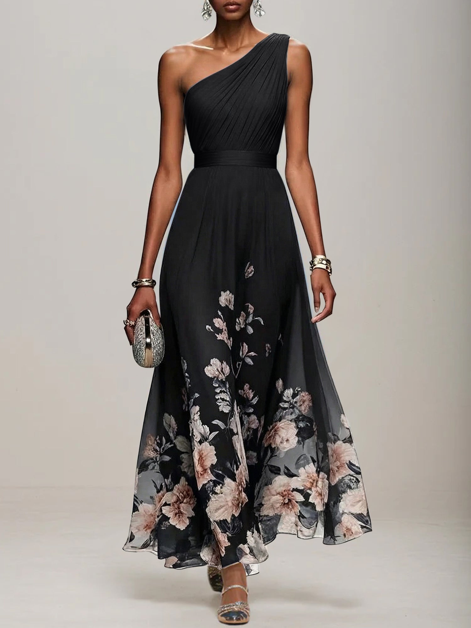Light Blue Floral Chiffon One Shoulder Sleeveless A-Line Maxi Dress Gown