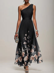 Light Blue Floral Chiffon One Shoulder Sleeveless A-Line Maxi Dress Gown