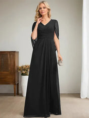 Dark Navy A-Line V-Neck Long Mother of Bride Dress
