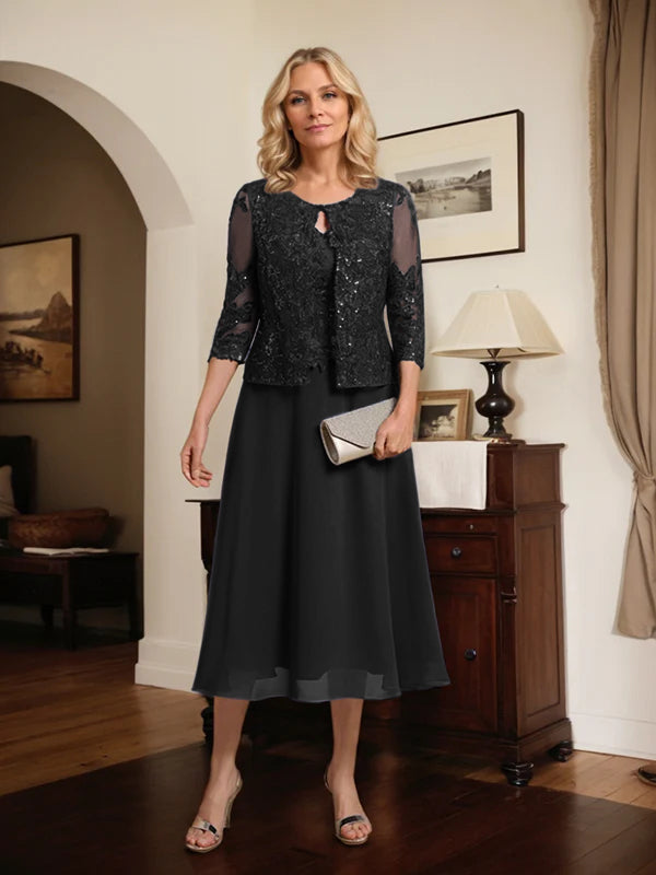 A-line Scoop Tea-Length Lace Chiffon Mother of the Bride Dress With Sequins