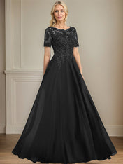 A-line Scoop Illusion Floor-Length Chiffon Lace Mother of the Bride Dress With Sequins Beading