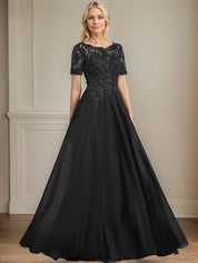 A-line Scoop Illusion Floor-Length Chiffon Lace Mother of the Bride Dress With Sequins Beading