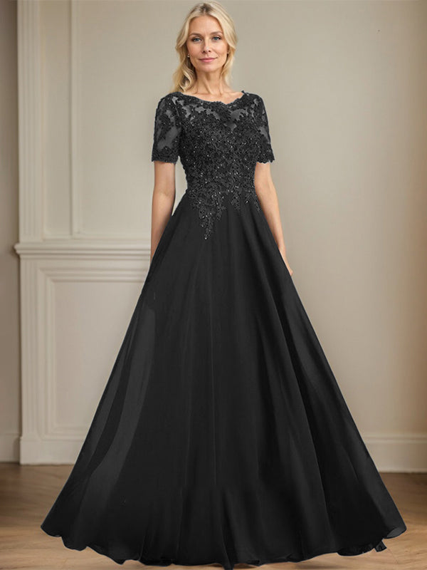 A-line Scoop Illusion Floor-Length Chiffon Lace Mother of the Bride Dress With Sequins Beading