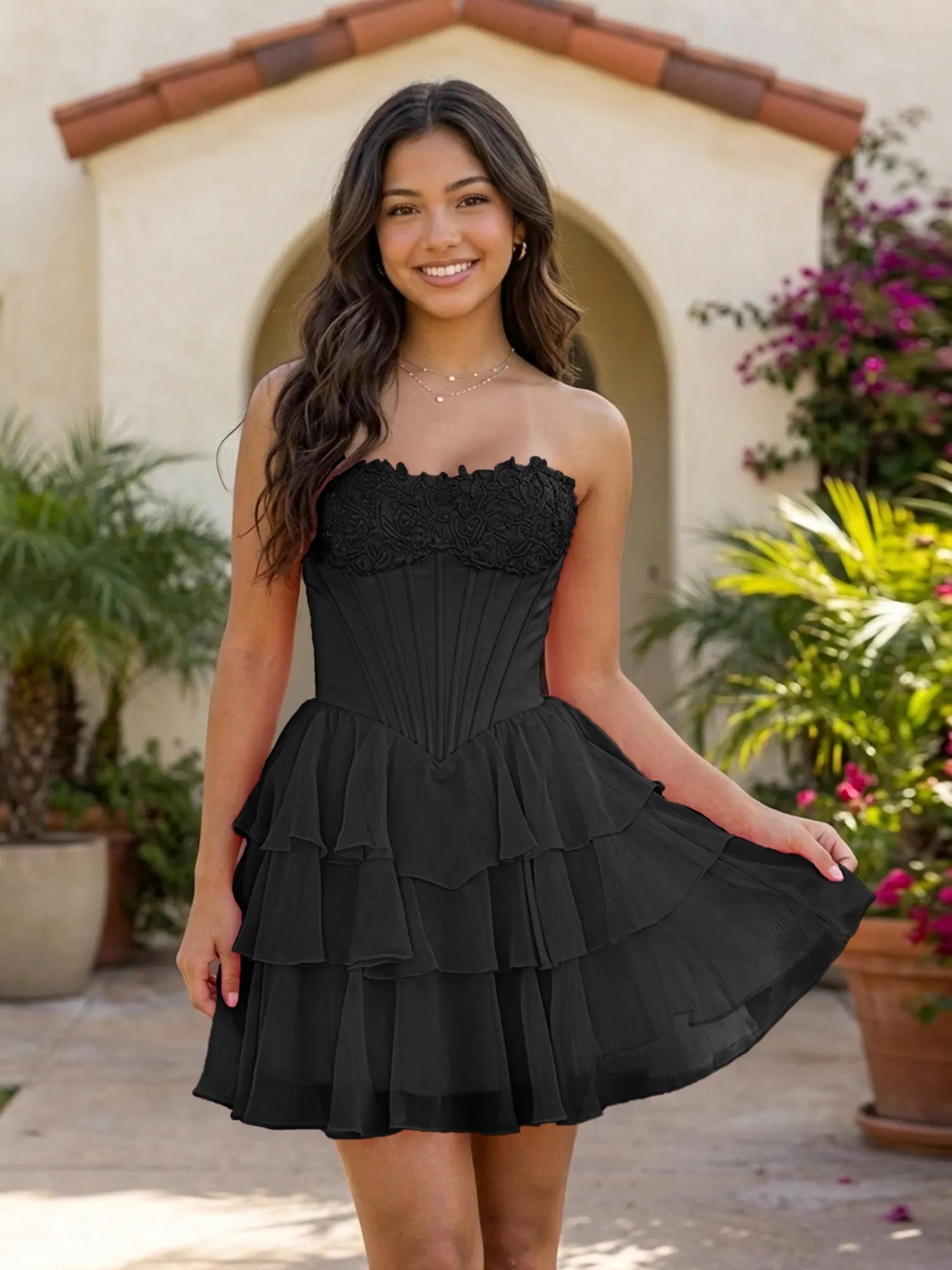 Pink Lace Strapless Corset Mini Dress Tiered Chiffon Skirt Lace Up Back Homecoming Dresses