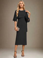 Sheath/Column Scoop Tea Length Chiffon Dress With Pleated Beading