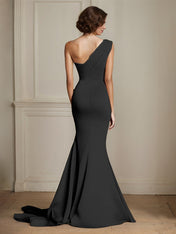 Elegant Khaki One Shouder Mermaid Ruched Long Satin Formal Dress