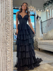 Black A-Line Spaghetti Straps Long Tierede Tulle Prom Dress With Slit