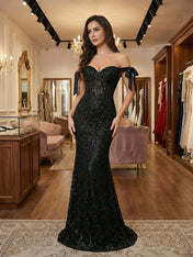 Black Beaded Corset Mermaid Prom Dress with Bow Sleeves