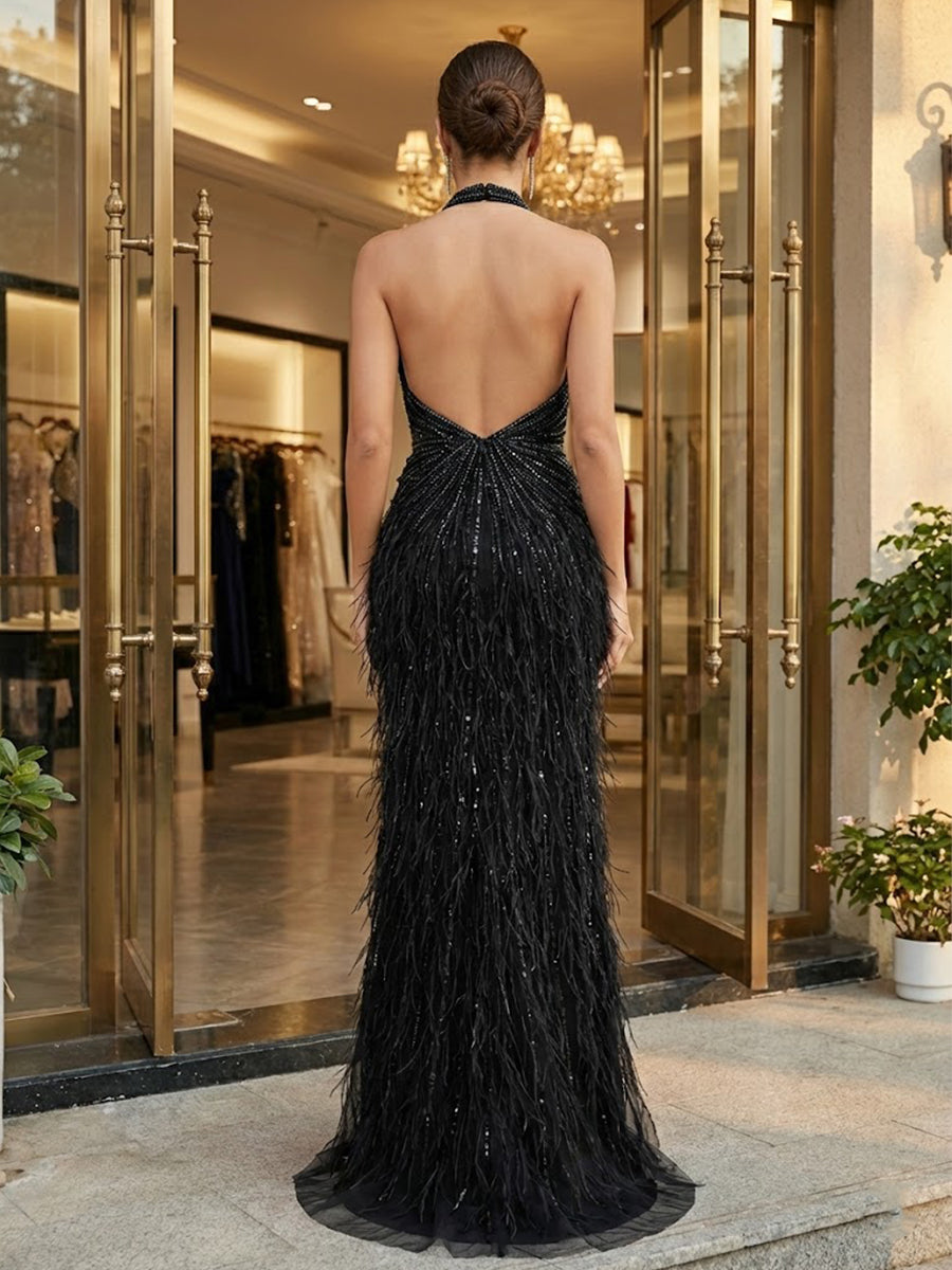 BlackBeadedHalterNeckFeatherLongPromDress_1.jpg