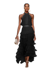 A Line Pink Chiffon Halter Neck Sleeveless Ankle Length Dress With Cascading Ruffles