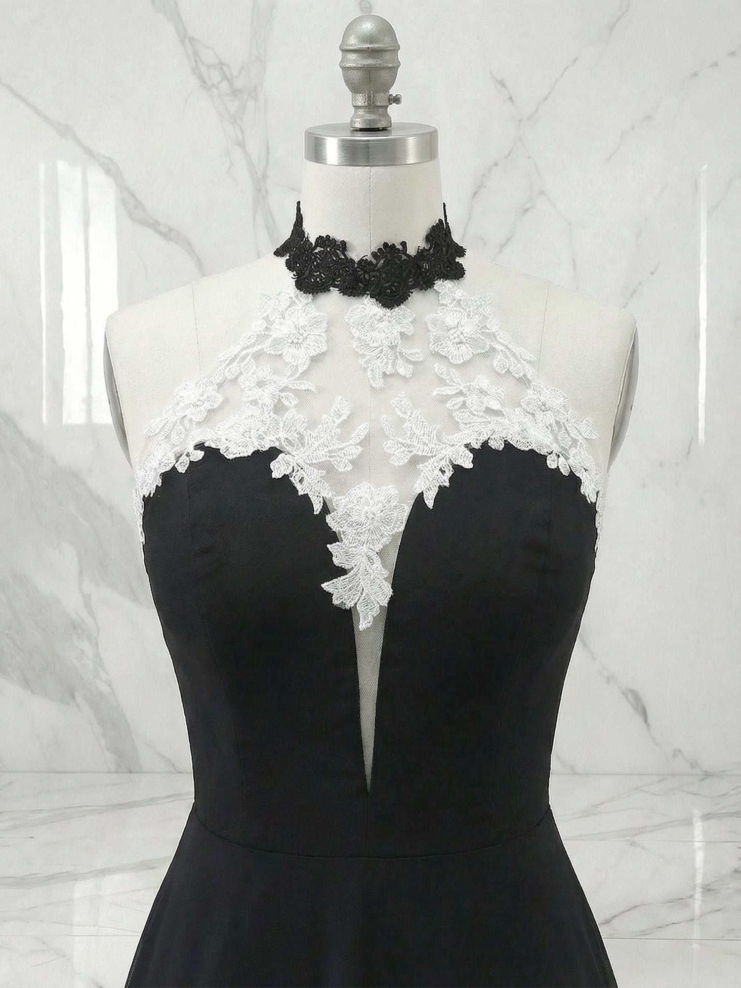 Black Halter Neck Lace Panel Maxi Evening Gown