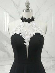 Black Halter Neck Lace Panel Maxi Evening Gown