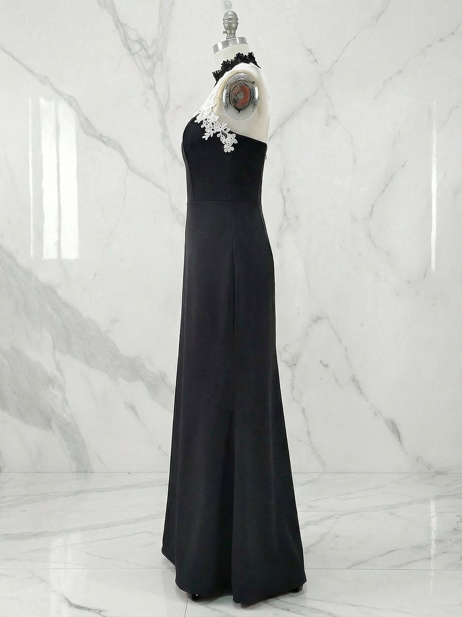 Black Halter Neck Lace Panel Maxi Evening Gown