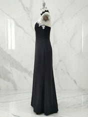 Black Halter Neck Lace Panel Maxi Evening Gown