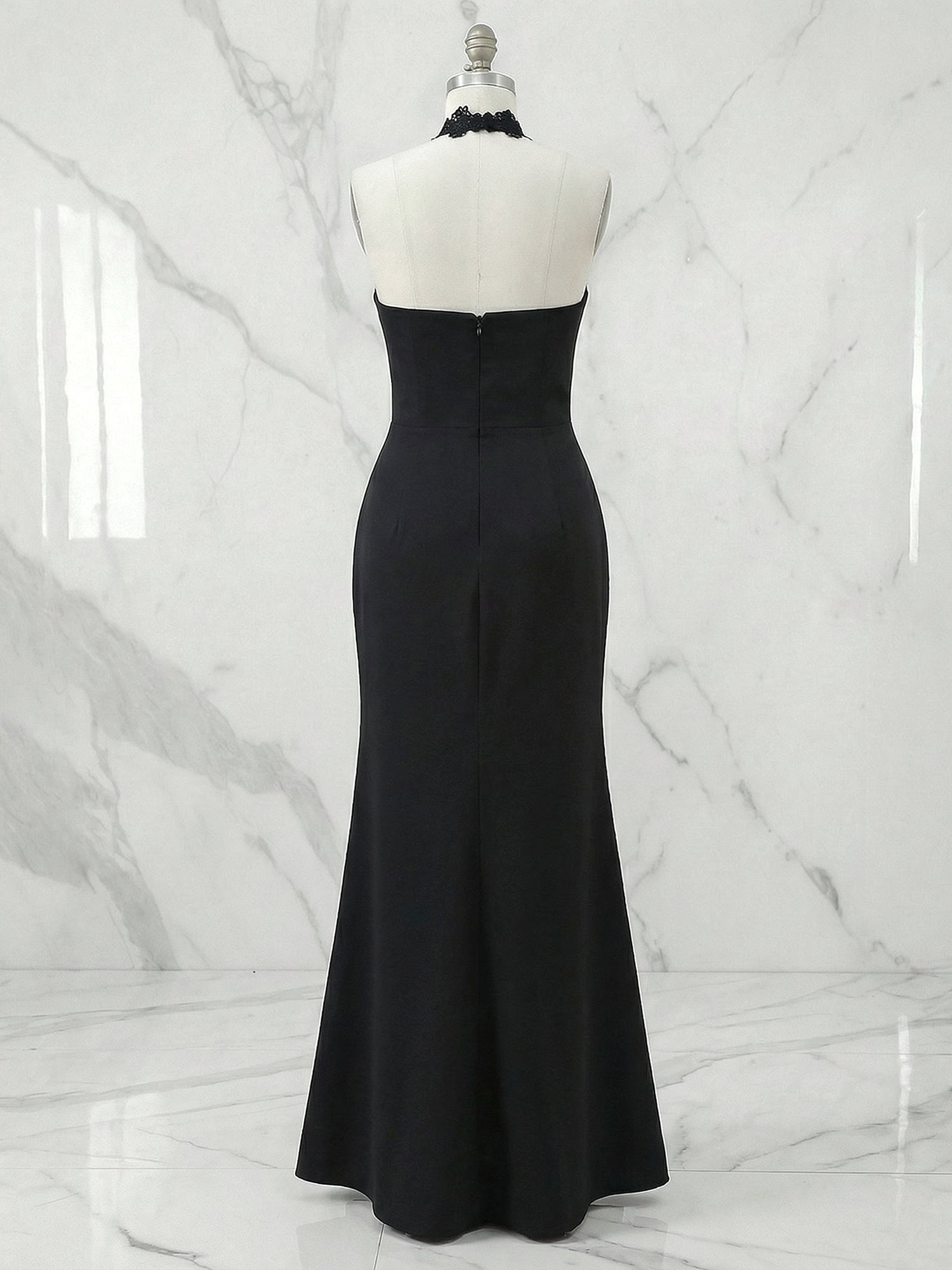 Black Halter Neck Lace Panel Maxi Evening Gown