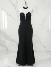 Black Halter Neck Lace Panel Maxi Evening Gown
