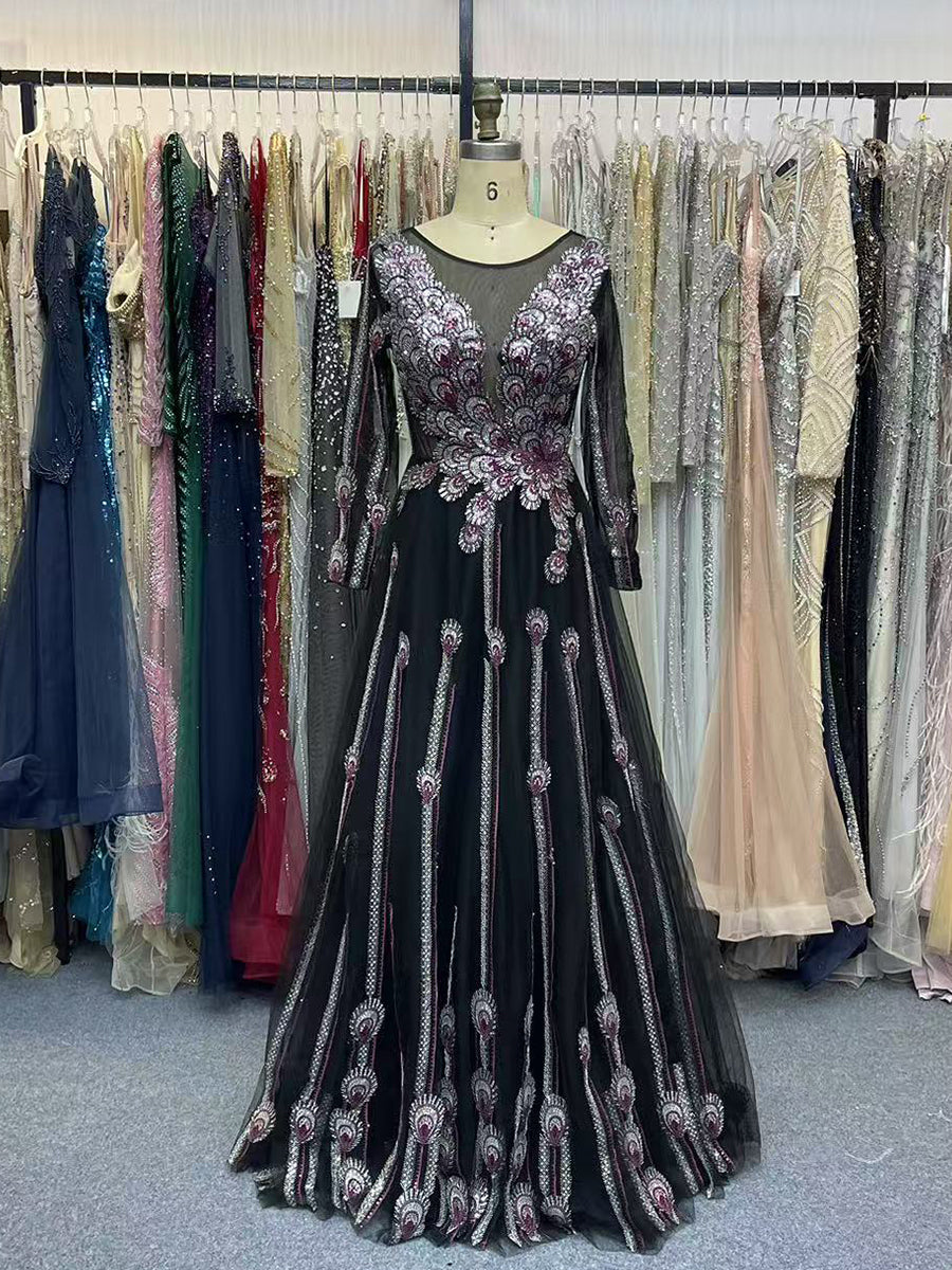 Black Illusion Neckline Gown with Art Deco Embroidery