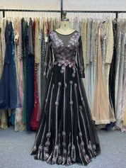 Black Illusion Neckline Gown with Art Deco Embroidery