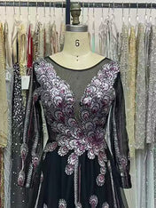 Black Illusion Neckline Gown with Art Deco Embroidery