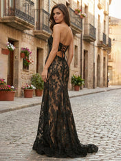 Blue Lace Strapless Satin Bow Prom Dress with Slit