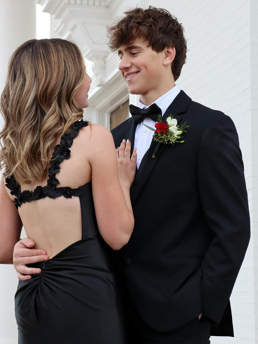 Black Mermaid Flowers Straps Long Prom Dress with Slit