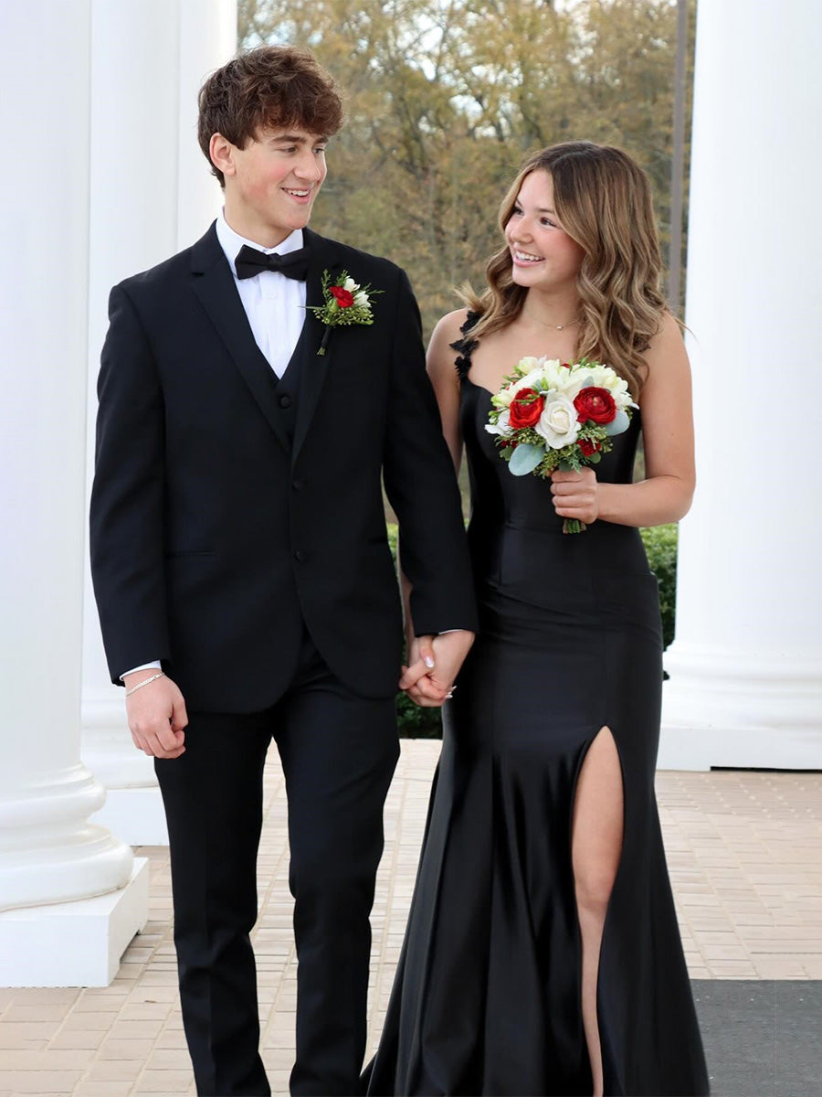 Black Mermaid Flowers Straps Long Prom Dress with Slit