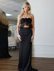 Black Mermaid Halter Neck Long Satin Prom Dress with 3D Flower