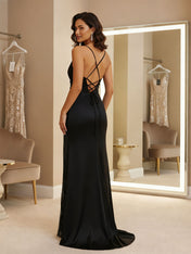 Black Mermaid V Neck Pleated Sequins Long Prom Dress with Slit