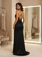 Black Mermaid V Neck Pleated Sequins Long Prom Dress with Slit