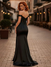 Sheath Off-The-Shoulder Appliques Lace Corset Prom Dress with Slit